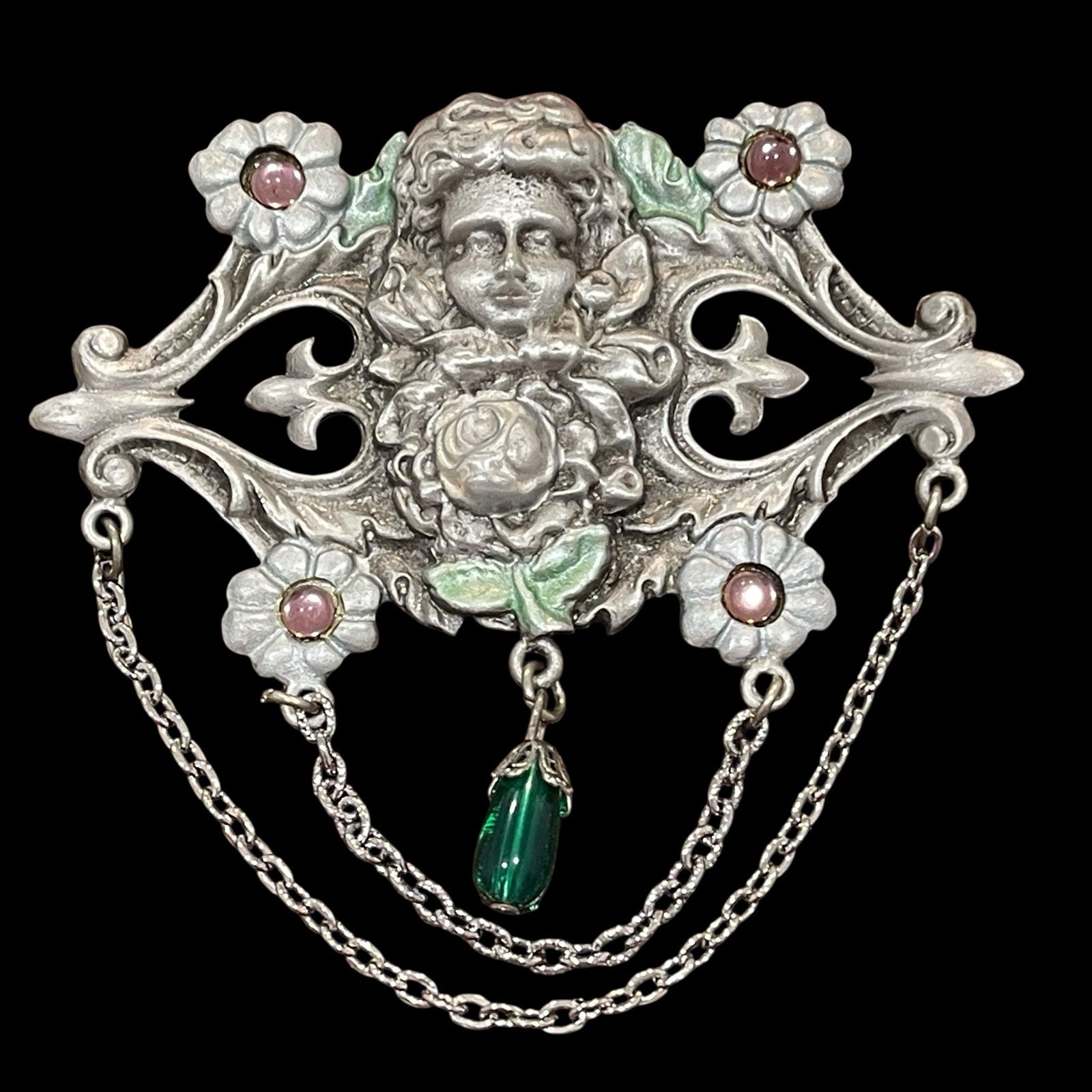 JJ Art Nouveau Pin Angel Cherub Flowers Tinted Silver Tone Green Teardrop Dangle