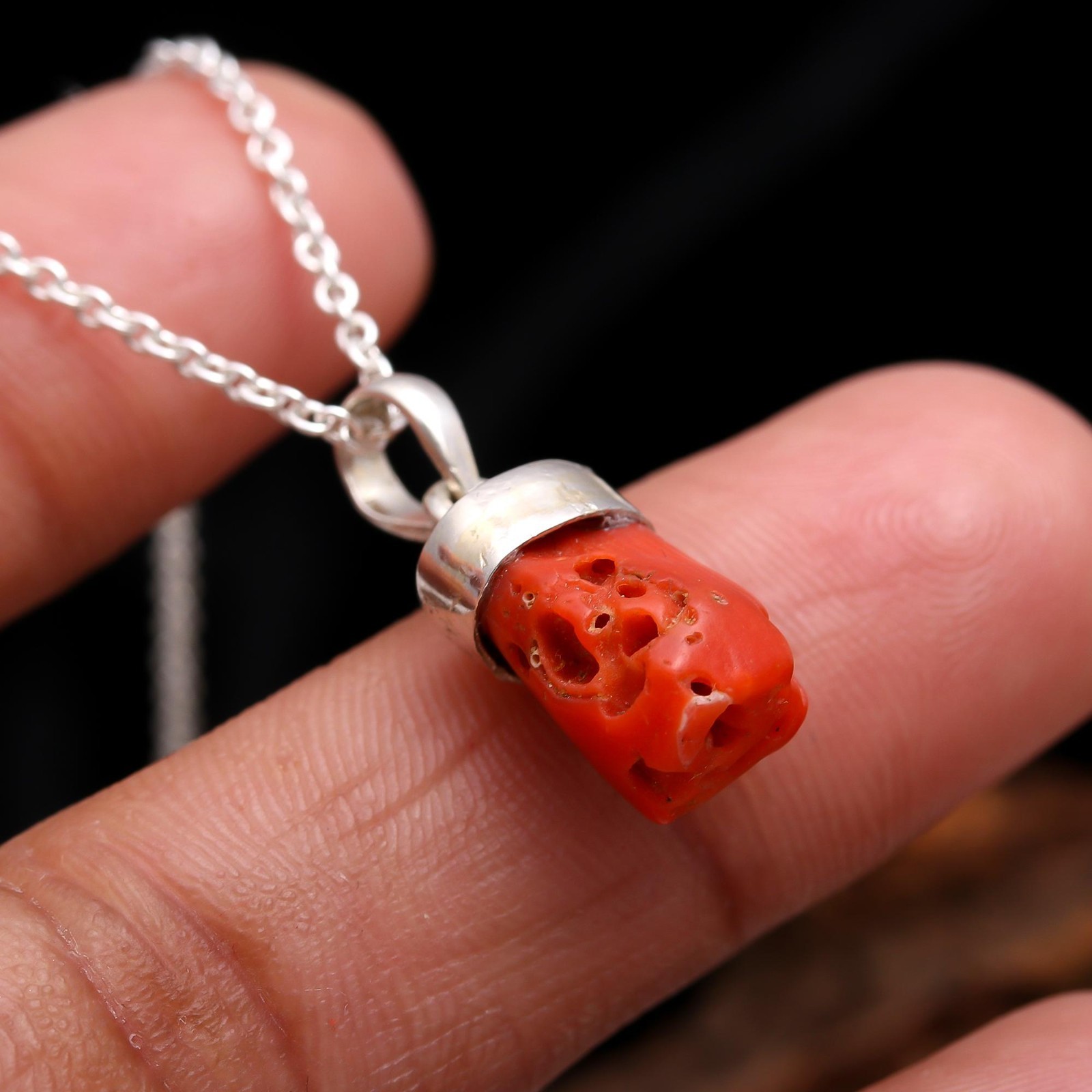 Natural Italian Red Coral Rough Chain Necklace Solid Silver Jewelry Gift For Her