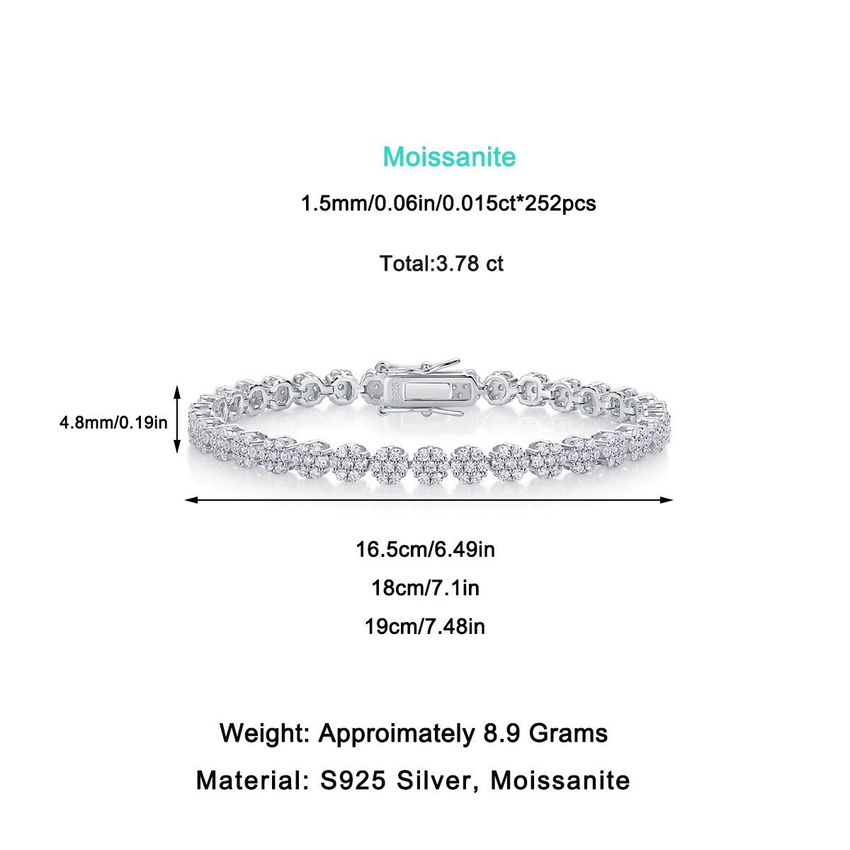 Elegant Moissanite Flower Tennis Chain Bracelet Women 925 Silver Passes Tester