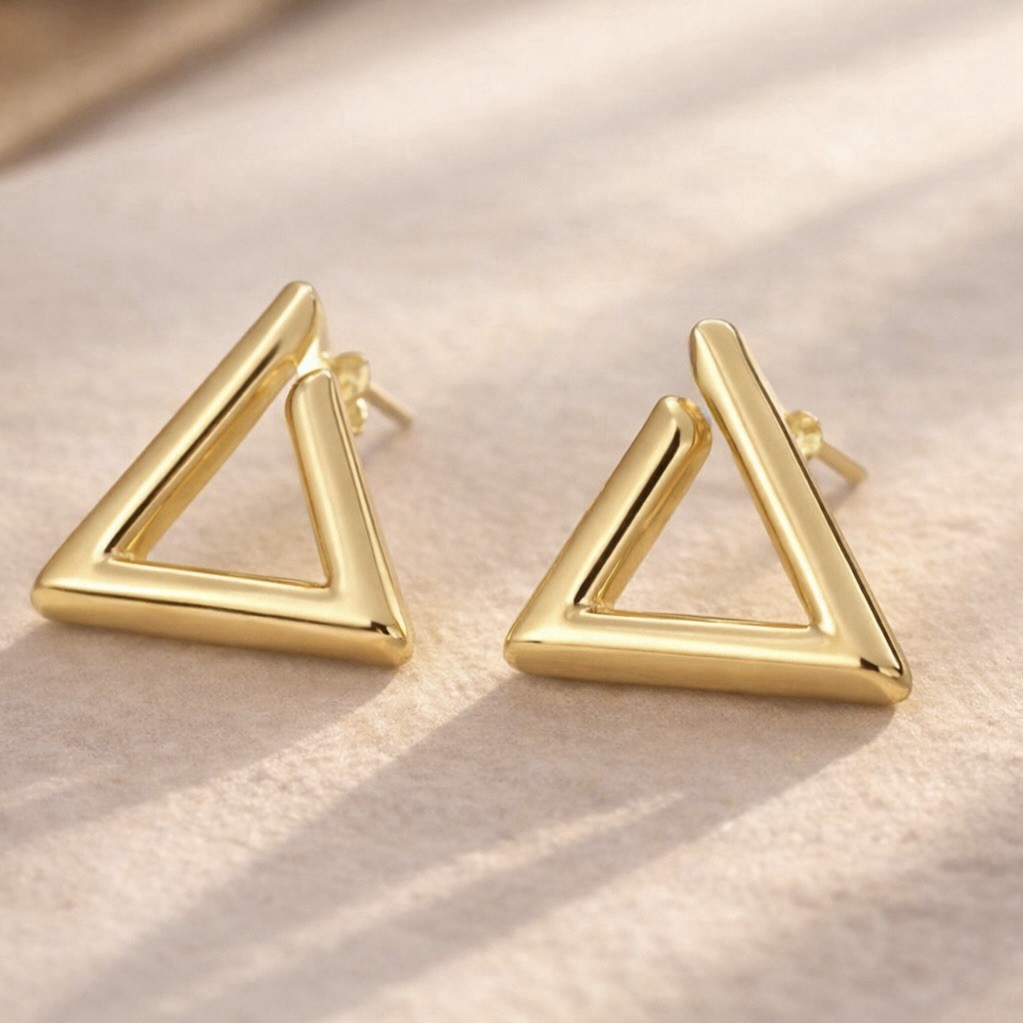 Chunky 14K Gold Plated Triangle Hoop Stud Earrings | Lightweight Modern Jewelry