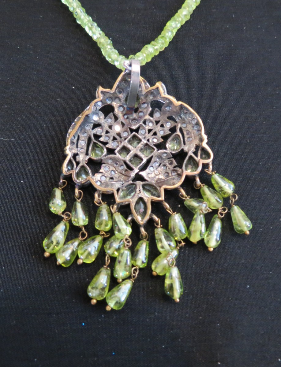 Vtg Chinese Export Green Glass Beads Silver Dangle Necklace & Pierced Earrings
