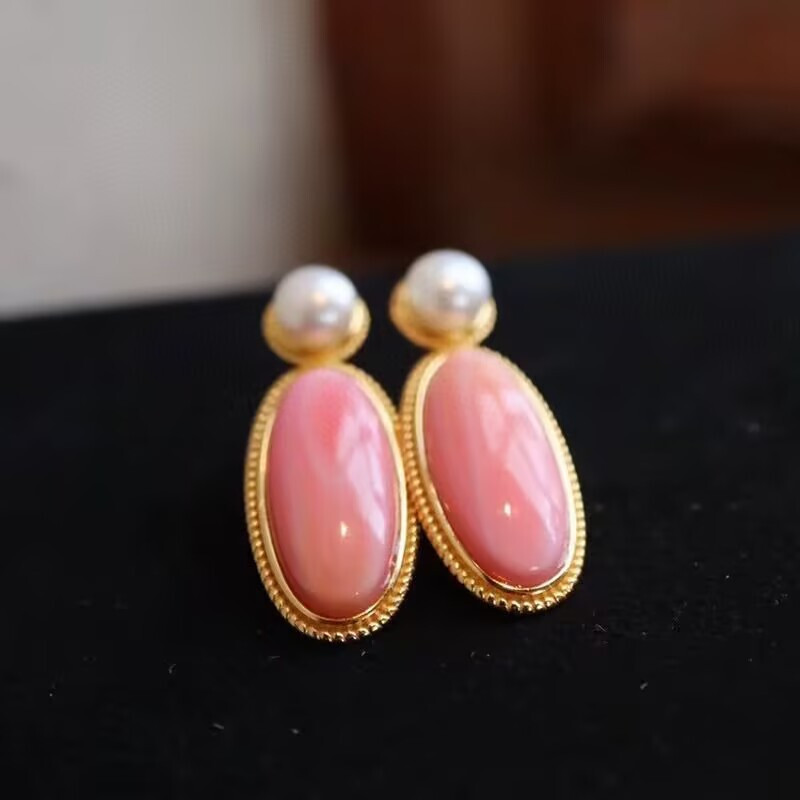 elegant 33*13mm south sea baroque pink conch pearl dangle earring 925s(t)