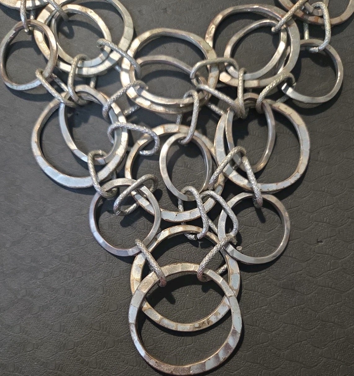 CHICO Silver Tone Statement Link Necklace Heavy Modern Mixed Ring Design 157g
