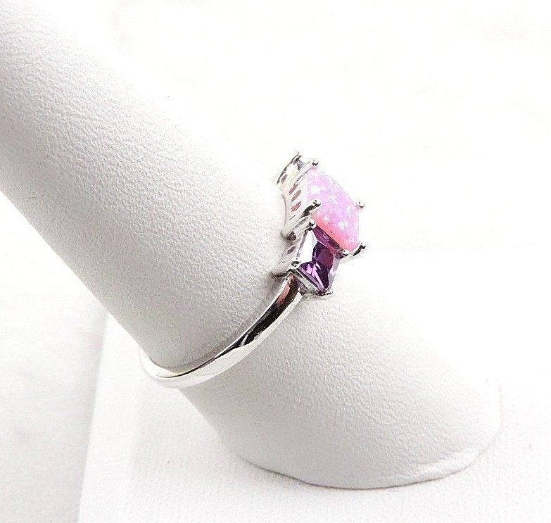 Sterling Silver 2.25 cttw Pink Opal And Purple Cubic Zirconia 3 Stone Ring