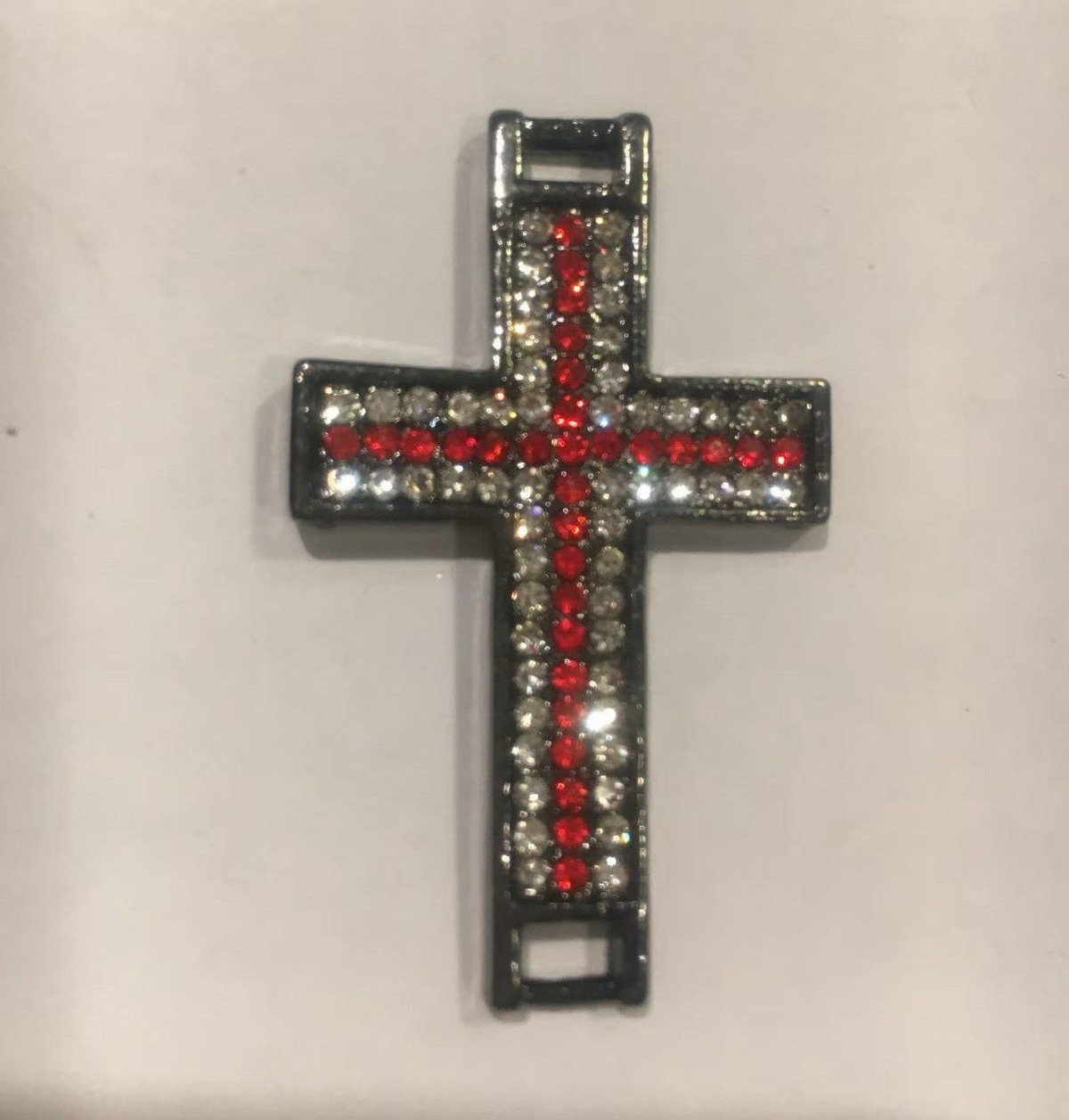 Silver Tone Cross Charm Pendant Red & Clear Crystal Rhinestones Religious