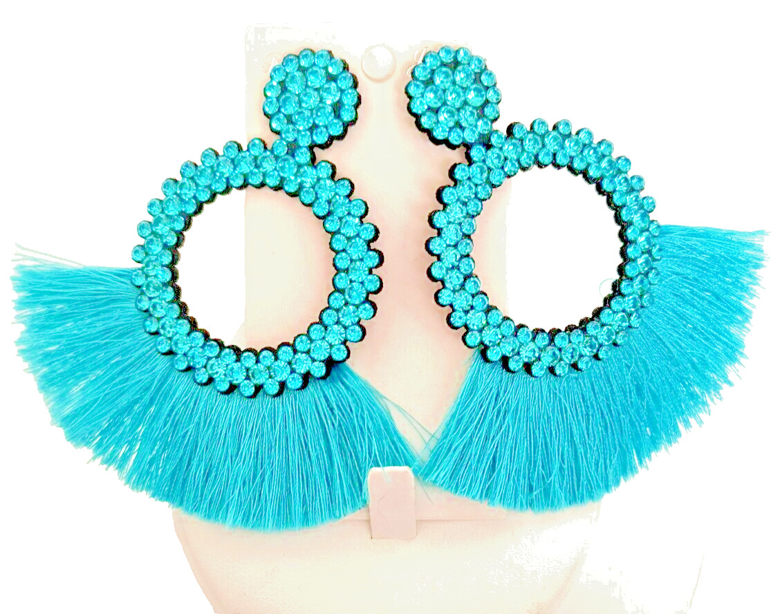 New Fashion Jewelry Dangle/ Drop Earrings Aqua Fringe Crystals Appx 3.5 inx3 in