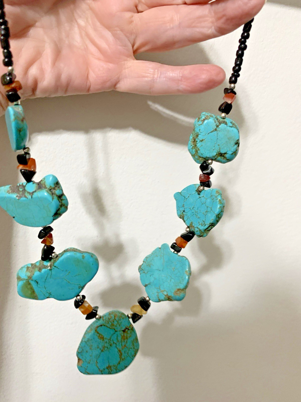Southwestern Silver tone Chunky Turquoise Slabs, With Orange & Black Beads, 22”