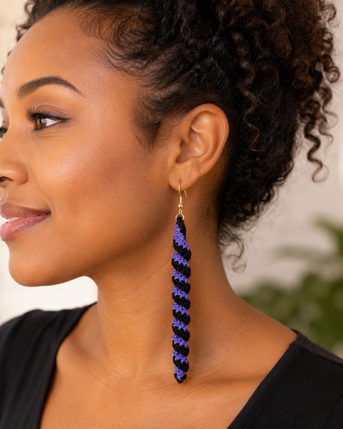Black And Purple Crochet Spiral Earrings/Handmade Boho Dangling Gift Earrings
