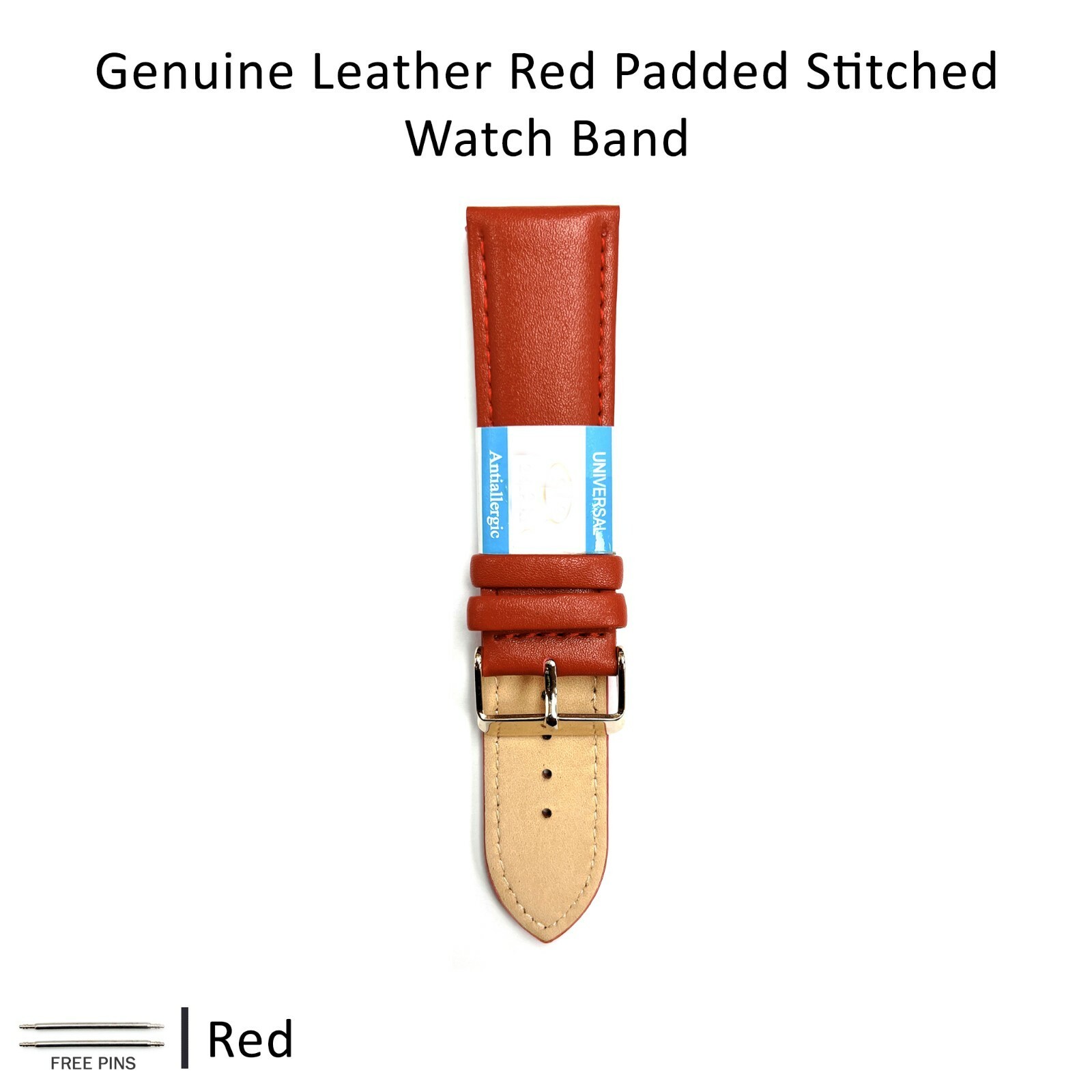 Alligator Leather RED Color Watch Band 16 MM to 22 MM RED/WHITE Stitched