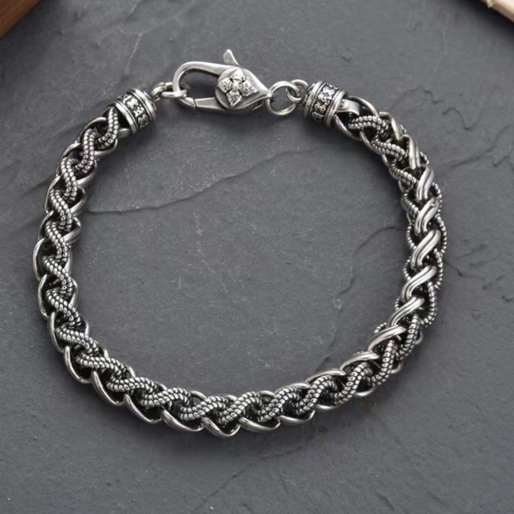 Solid 925 Sterling Silver 7mm Wheat Link With Vajra Clasp Men’s Bracelet