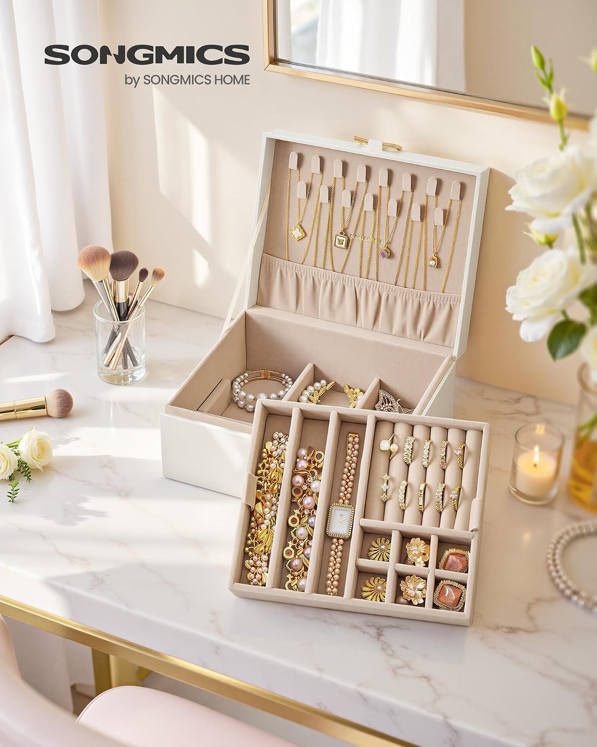 Portable Jewelry Box Organizer Storage Case Removable Tray Carrying Handle