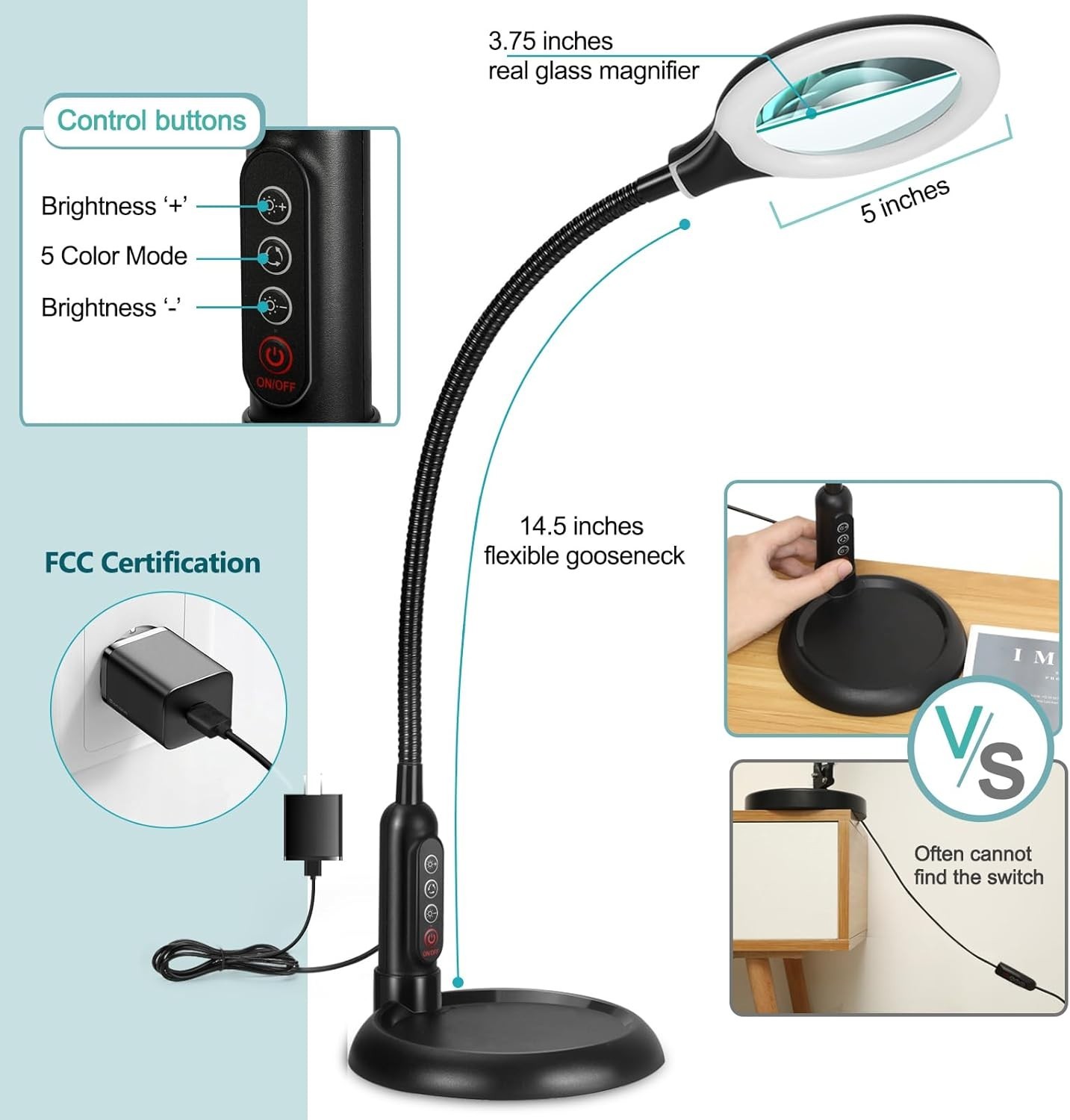LED Desk Magnifier Lamp with Adjustable Gooseneck – 10X Magnification & Dimmable