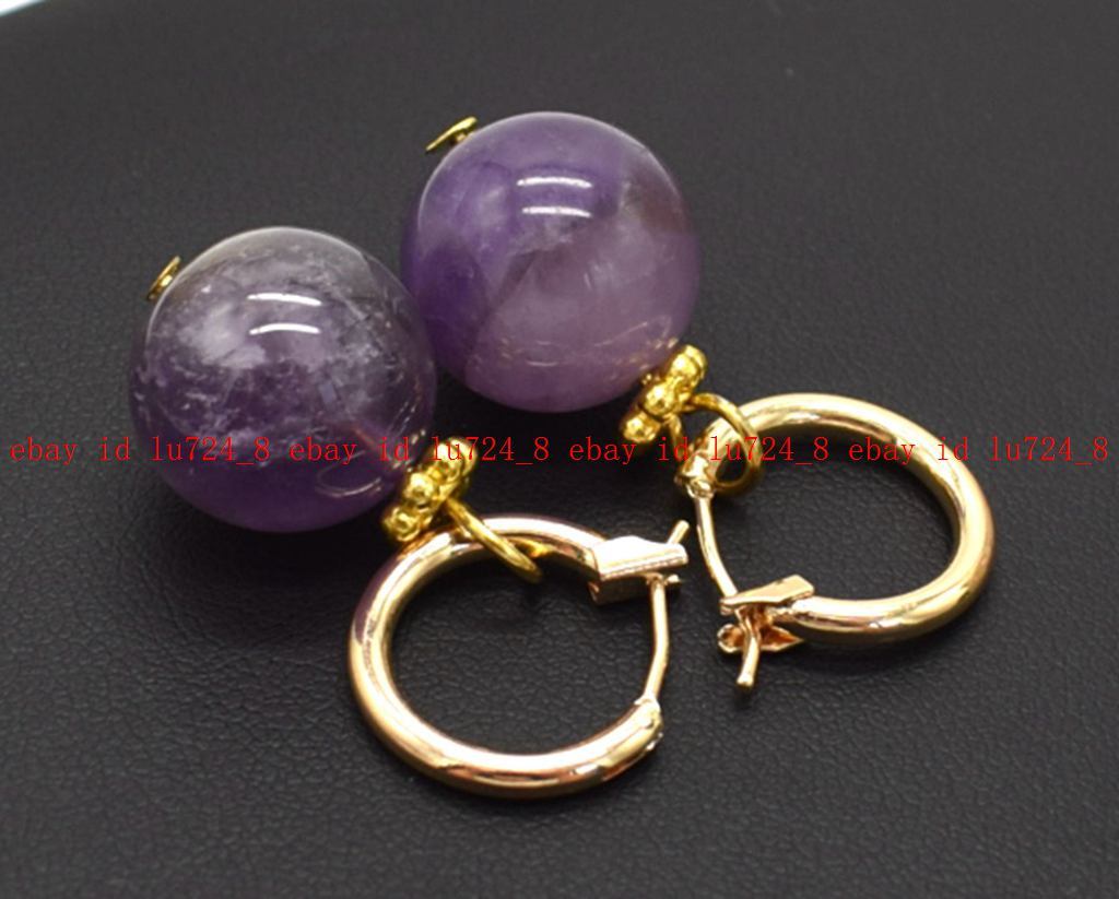 Genuine Noblest 14mm Amethyst Round Purple Gemstone Beads Leveback Earrings