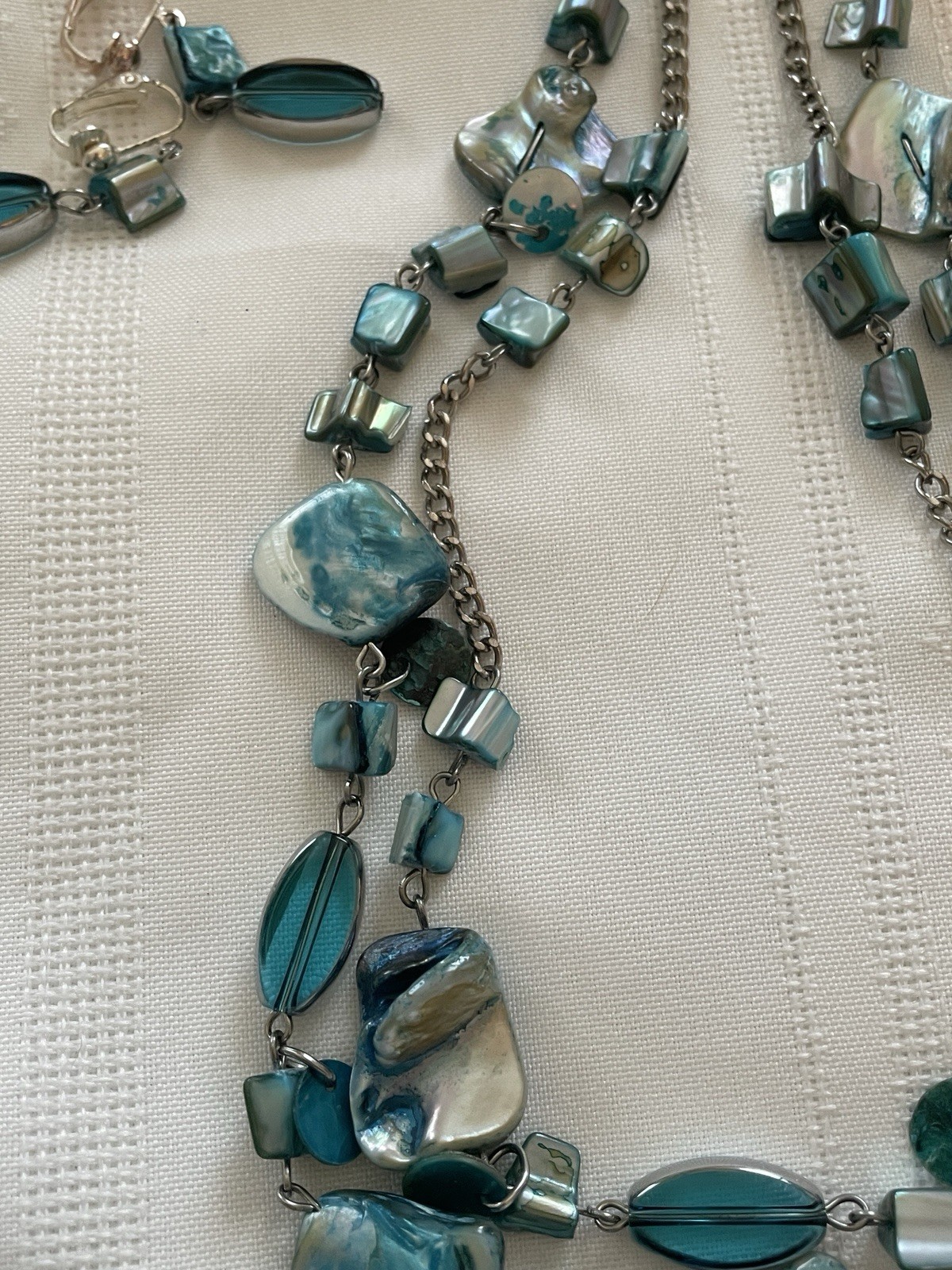 2 Iridescent Shell Bead & Metal Accent Necklaces / Pair Matching Clip Earrings