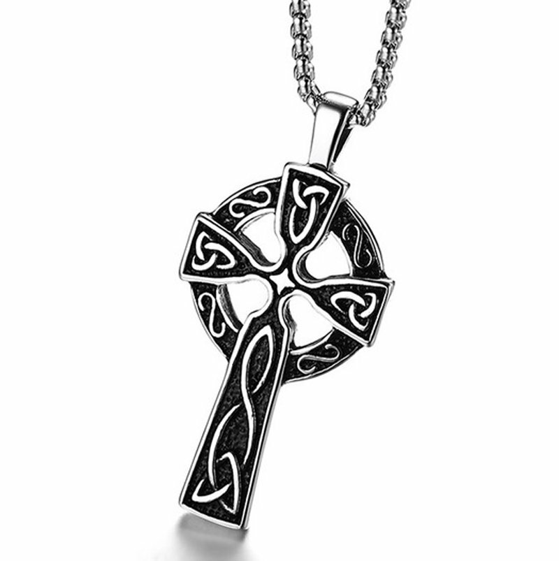 MENDEL Mens Stainless Steel Irish Celtic Knot Cross Pendant Necklace Silver Men