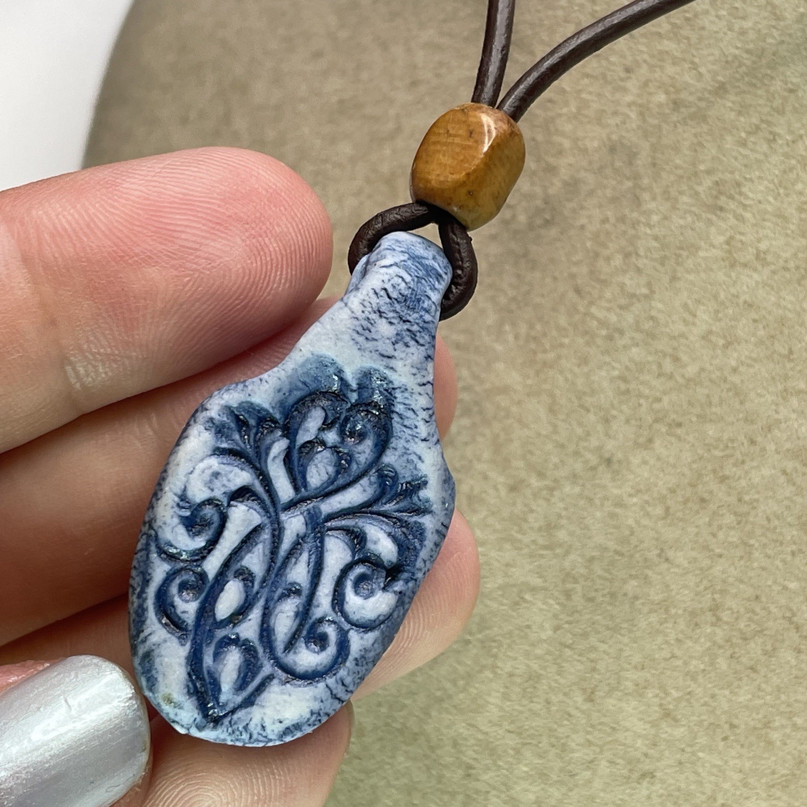 Vtg Handmade Ceramic Charm Leather Cord Necklace Stone Bead Scroll Print 24”