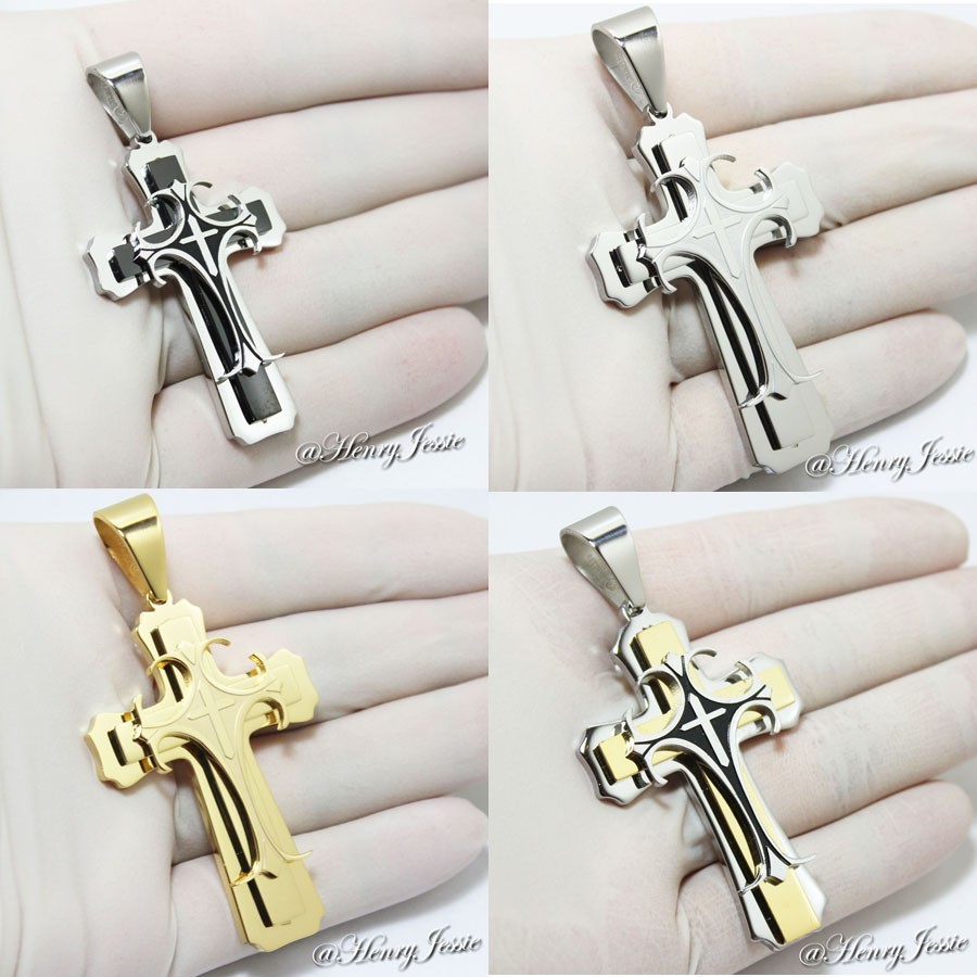 MEN’s Stainless Steel SMALL/BIG SIZE Silver/Gold/Black Plated Cross Pendant*H24