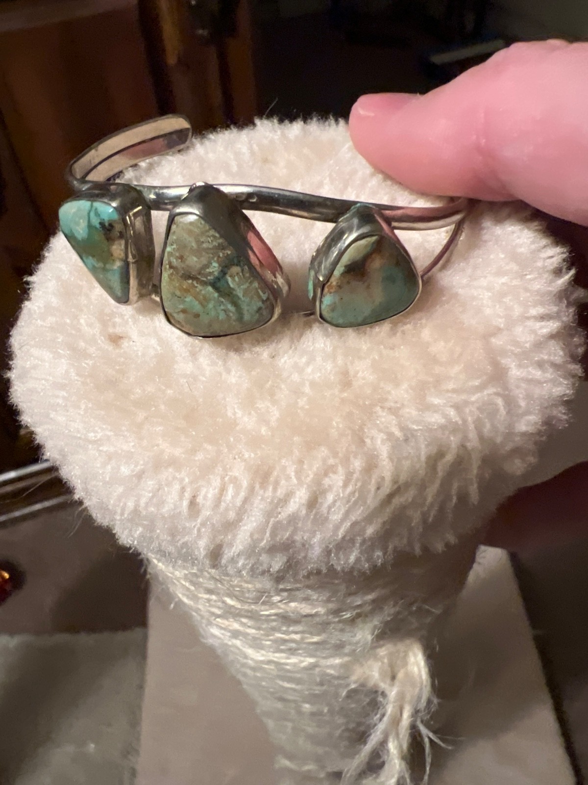 Real 3 Stone Turquoise, SW Alpaca Turquoise Cuff Adult- Medium Bracelet