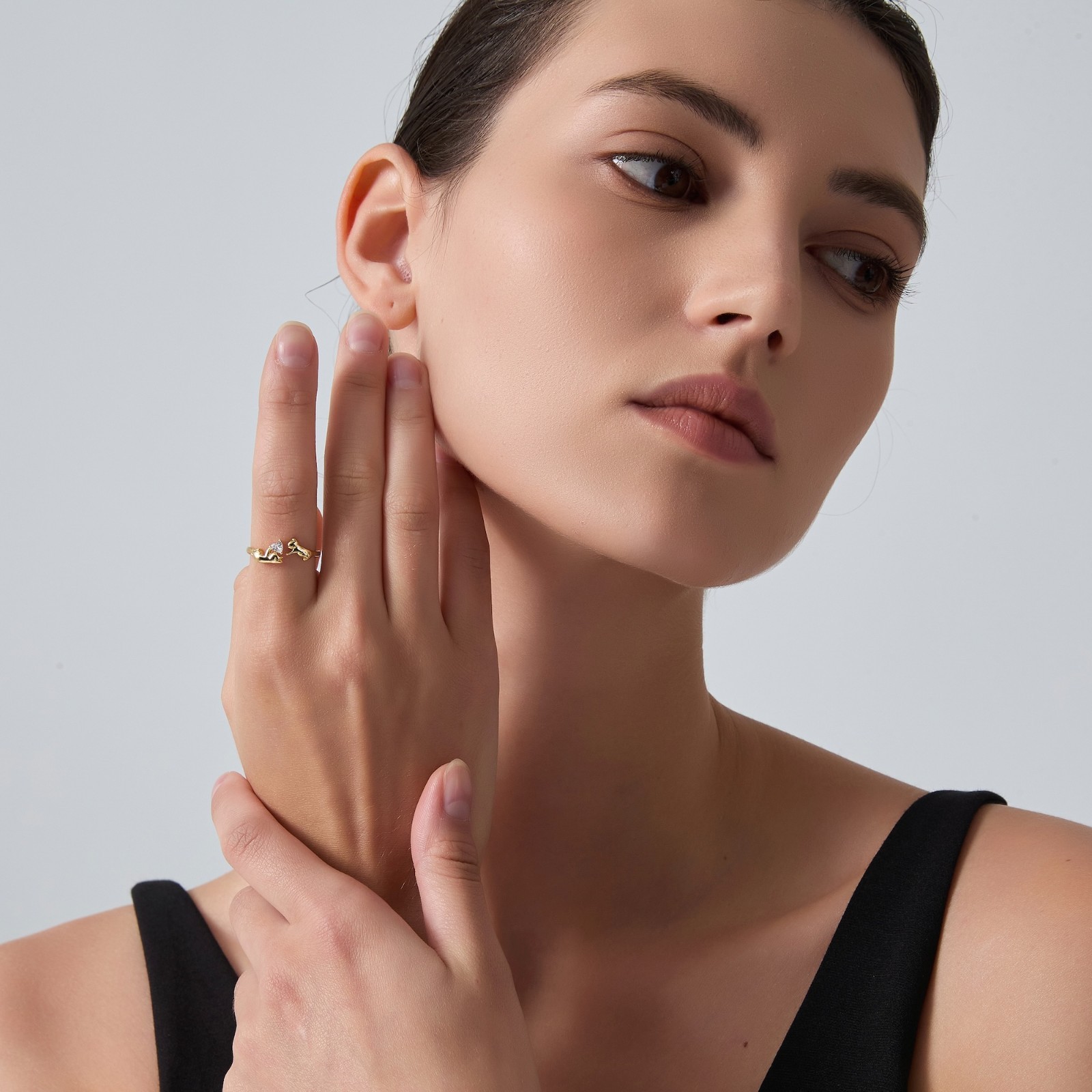 Dainty Cat Heart Stone Stacking Bypass Ring in 925 Sterling Silver