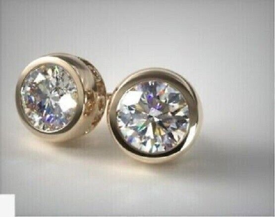 4 Ct Round Cut Simulated Diamond Bezel Set Stud Earrings 14K Yellow Gold Finish