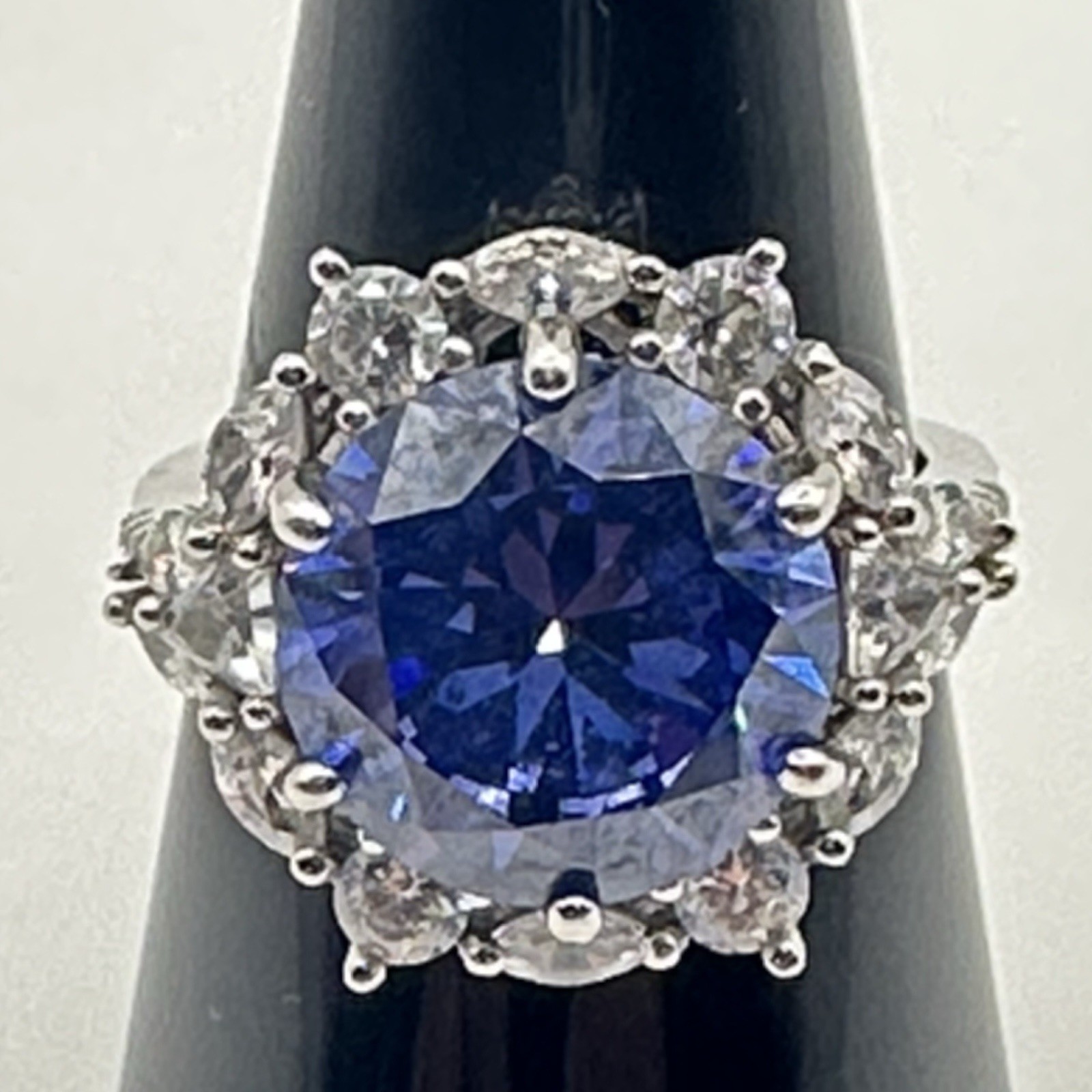 Sterling Silver Blue Tanzanite Blue Color Halo Ring CZ Accents Size 8 7.68g