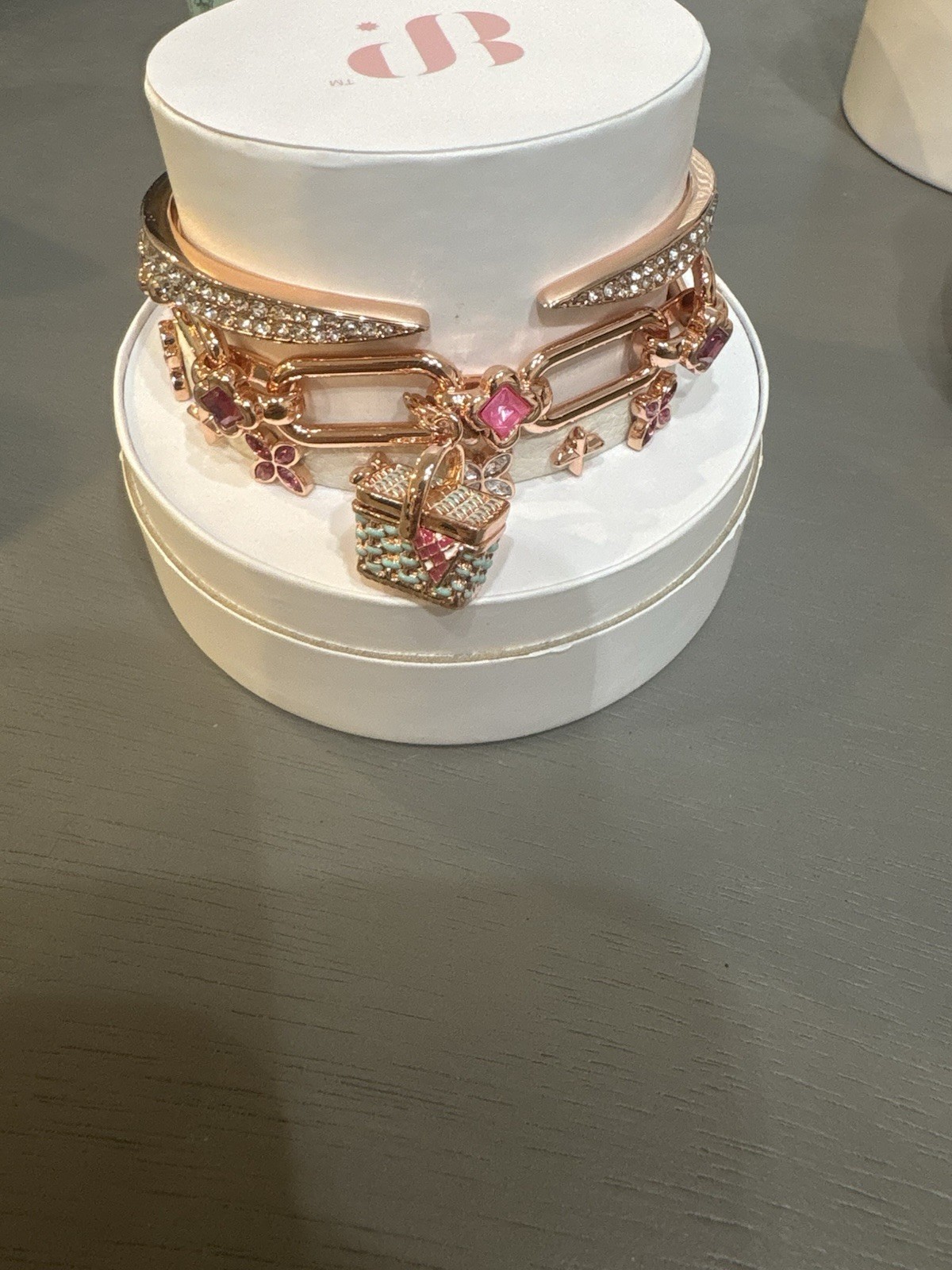 Rose Gold Plated Link Chain Charm Bracelet Lab-Created Pink Stones ST40395