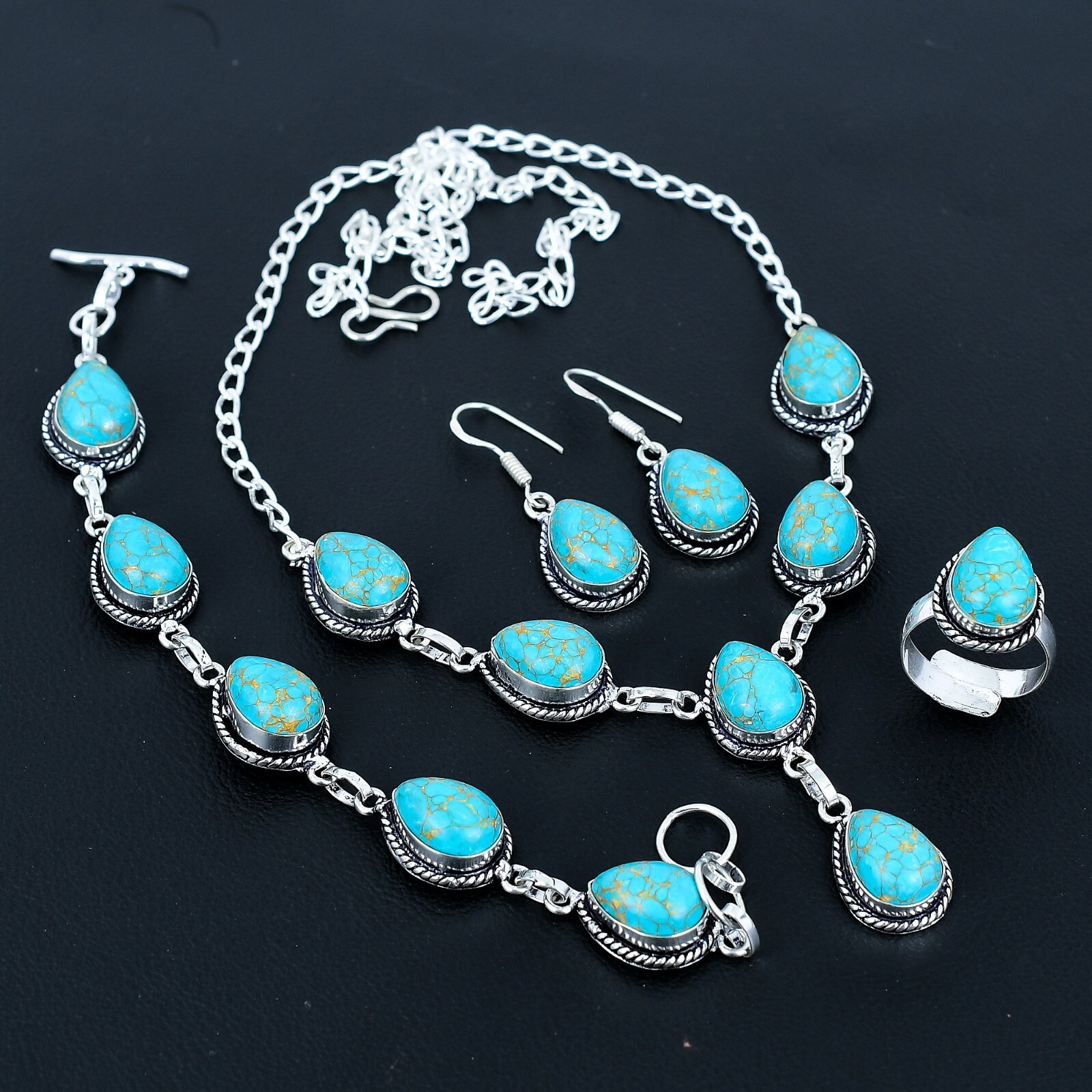 Copper Turquoise Gemstone Handmade 925 Silver Necklace + Bracelet Jewelry Set