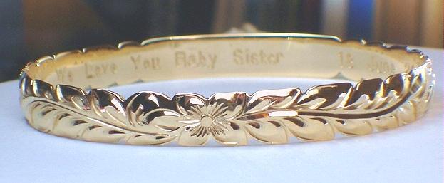 8MM BM 14K YELLOW GOLD CUSTOM PERSONALIZED HAWAIIAN QUEEN EMMA SCROLLS BANGLE