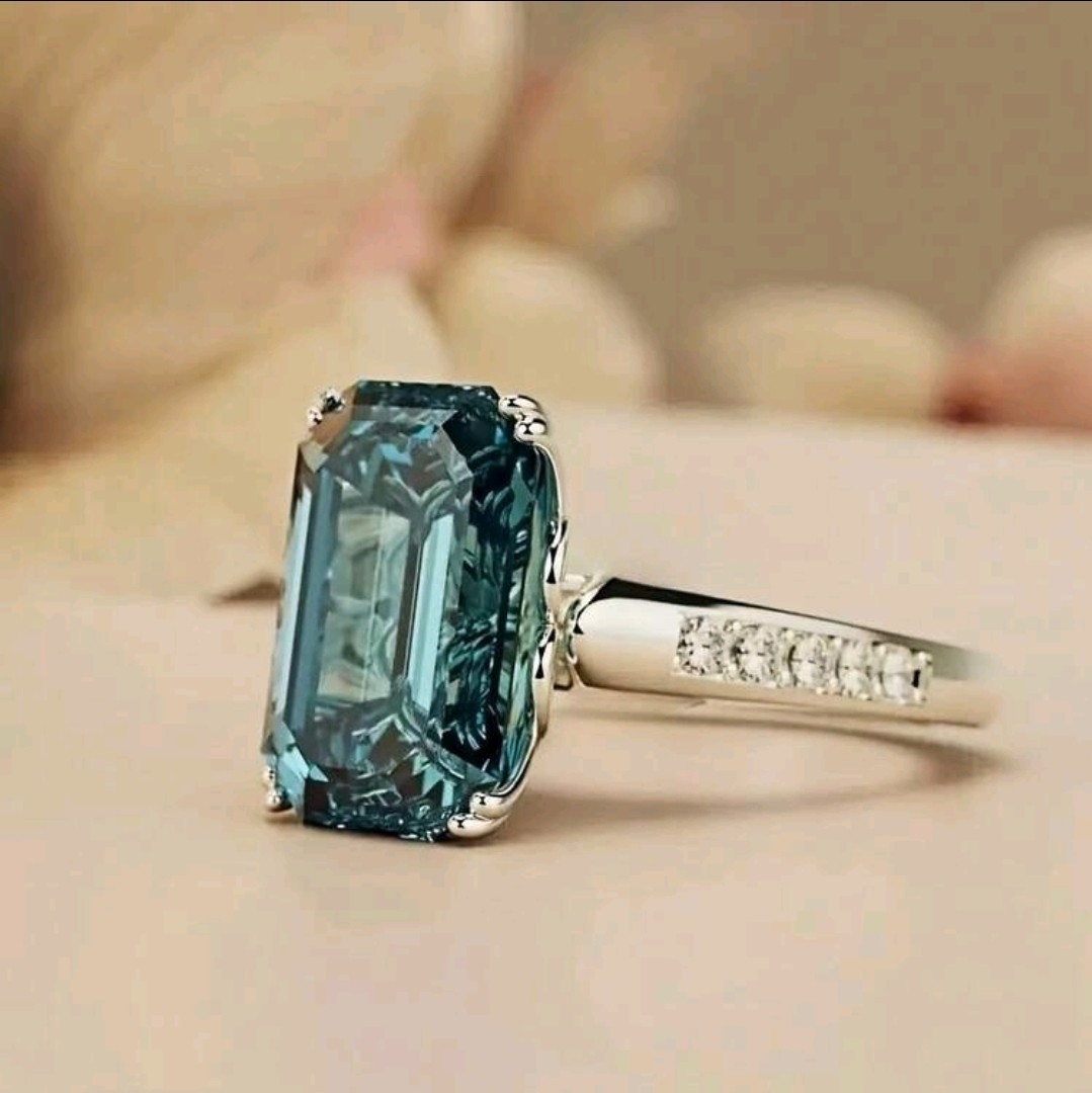 Silver-Plated Zinc Ring Rectangular-Shaped Blue CZ White/Colorless Inlay Size 8