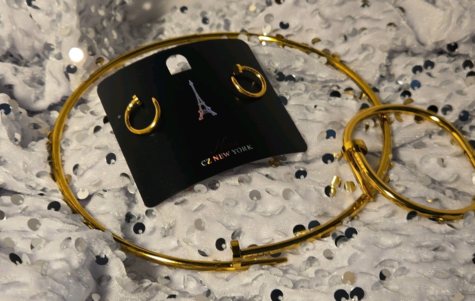 Nana CZ New York Gold Tone 3-Piece Jewelry Set Bangle Bracelet Hoop Earrings