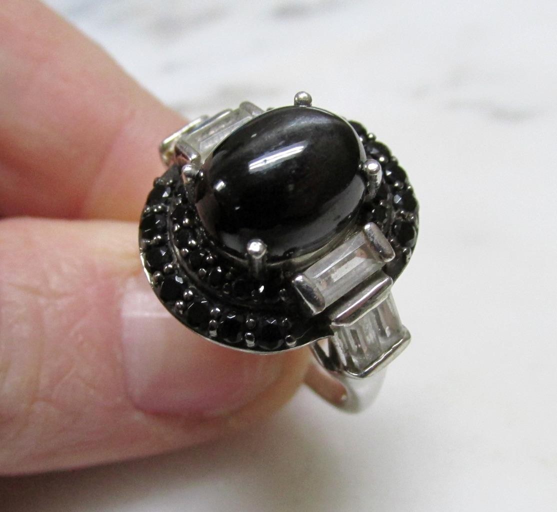 Black Cat’s Eye Sterling Silver Ring w/ Black Stone Accents Sz 9 ~ 6.4g ~ 6-A330