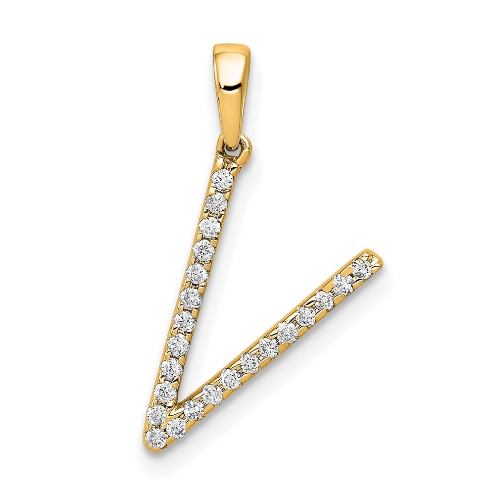 14K Yellow Gold Round Cut Diamond Letter “V” Initial Charm Pendant 0.62gm