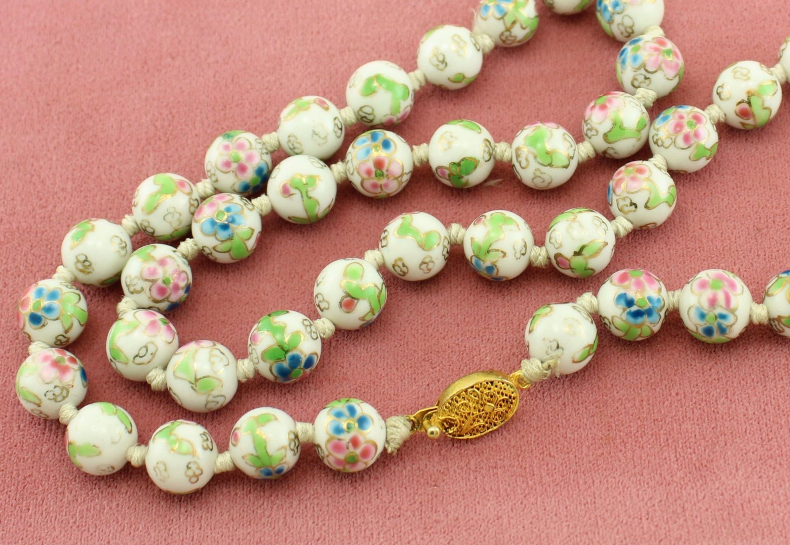 Vintage Blue Pink FLORAL Hand Knotted Chinese Cloisonne Bead 26 inch Necklace