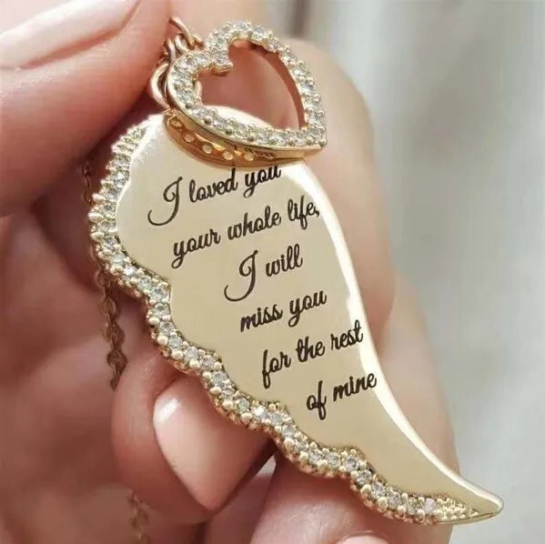 Gold Angel Wings Love Letter Necklace with Heart Charm