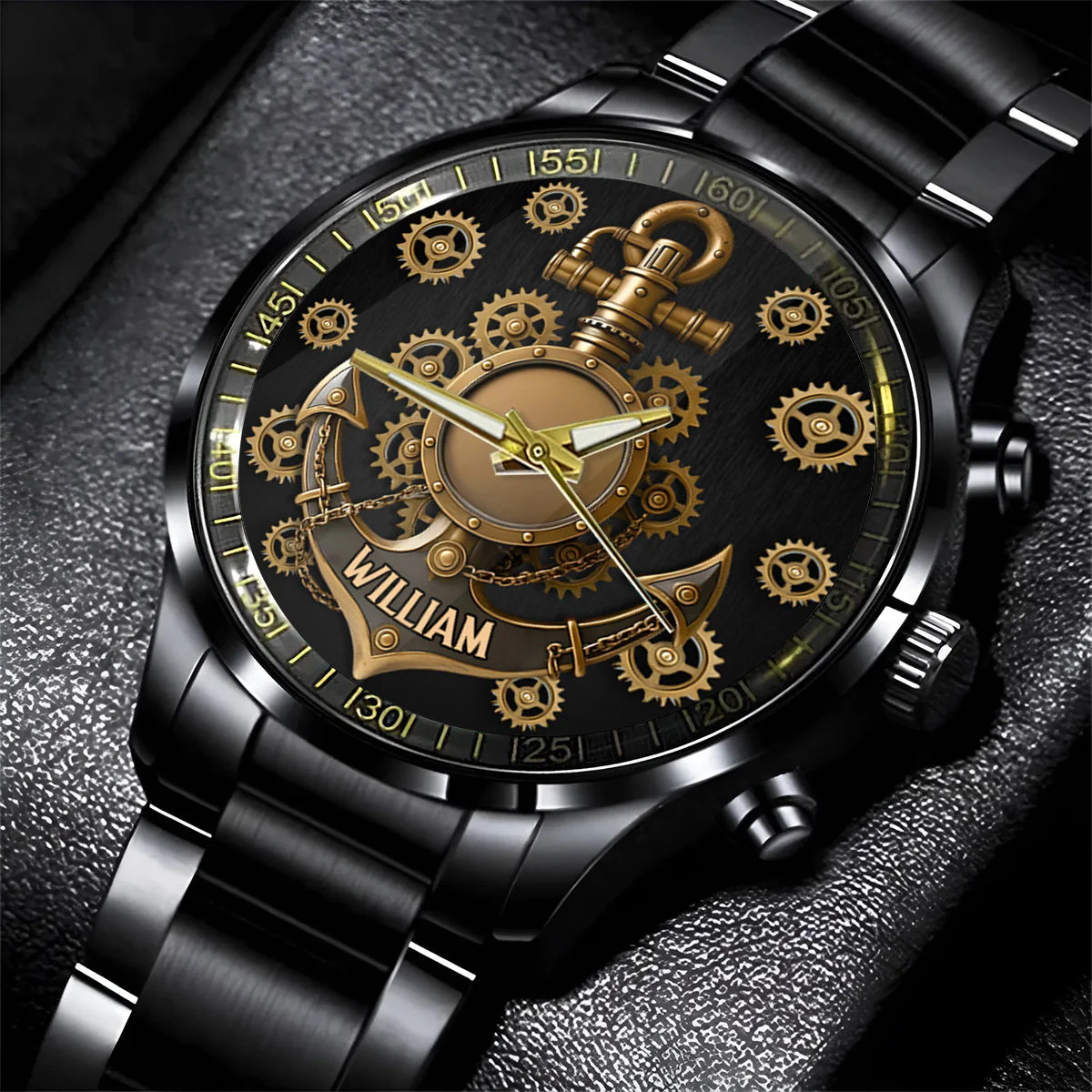 Personalized Boating Nautical Anchor Gear Men Black Stainless Steel Watch Gift