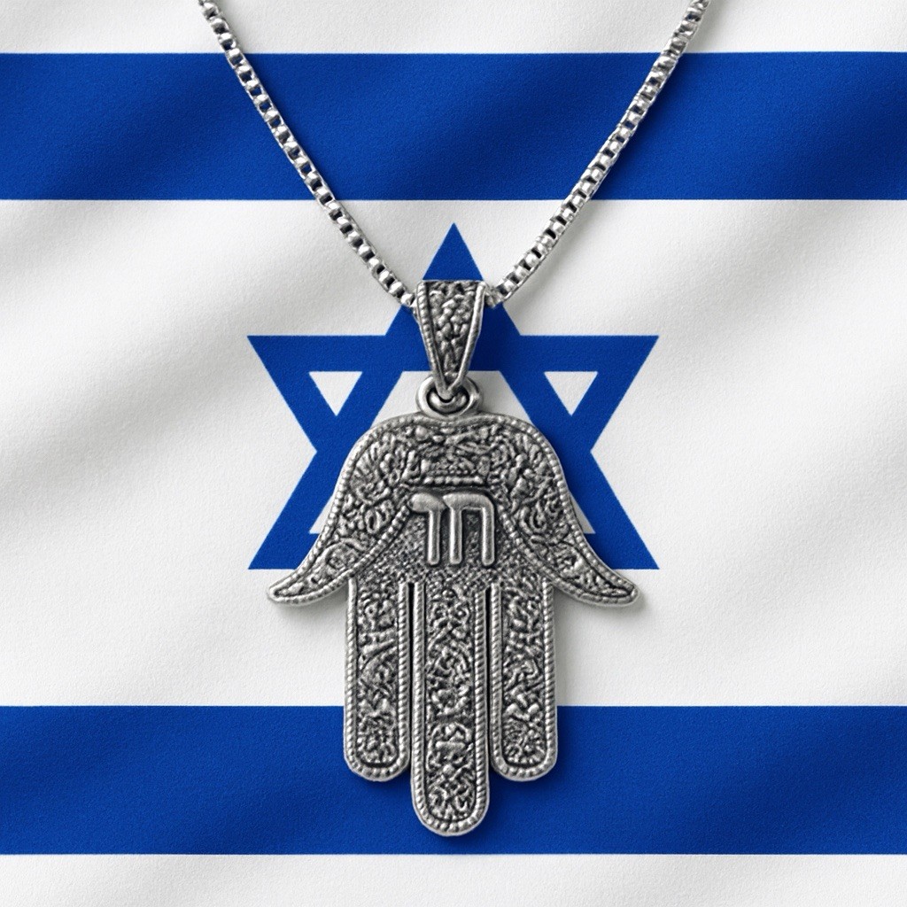 925 Sterling Silver Good Luck Hamsa Hand and Chai Judaical Pendant