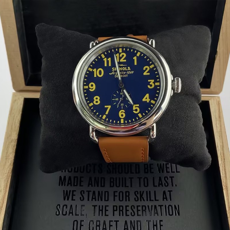 Men Shinola Runwell Argonite 1069 Black Dial Quartz New Watch 47mm Leather Strap