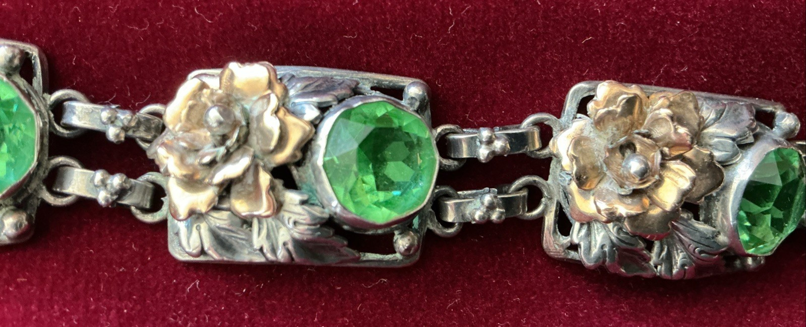 Signed Hobe 40’s Sterling Silver 1/20 14K Gold Floral Link Bracelet Green Glass