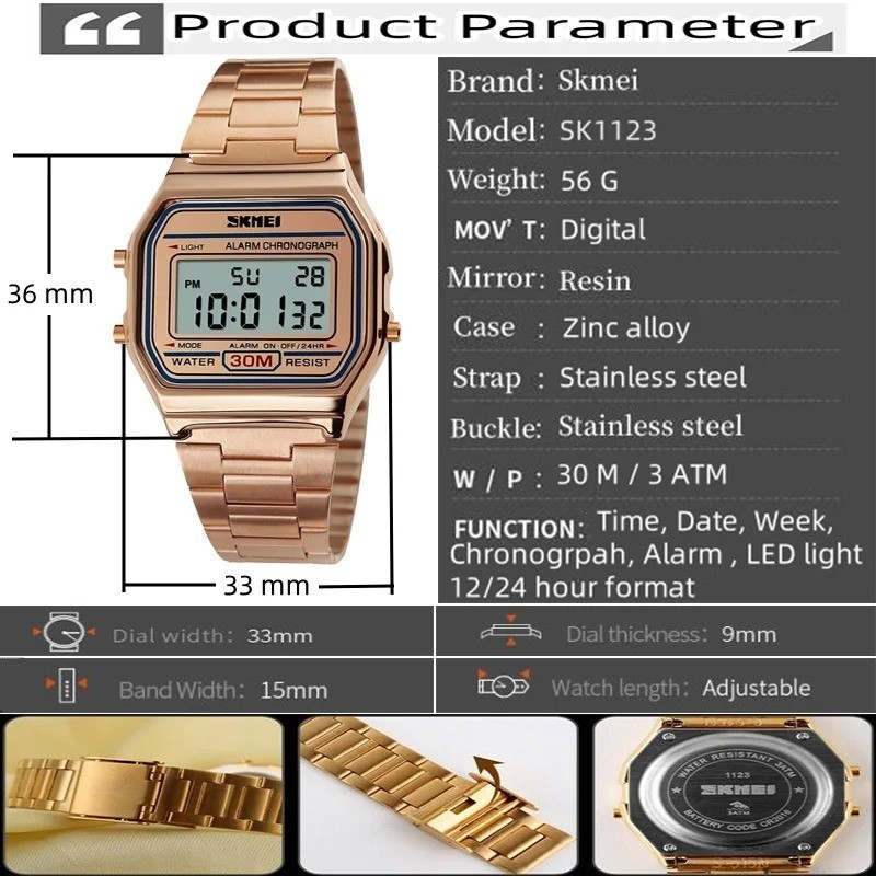 SKMEI SK1123 Unisex LED Digital Watch Stainless Steel Waterproof Chronograph