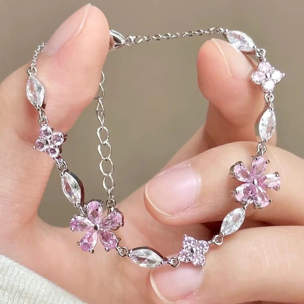 Zinc Alloy Rhinestone Cherry Blossom Pink Flower Bracelet for Women Girls Gift