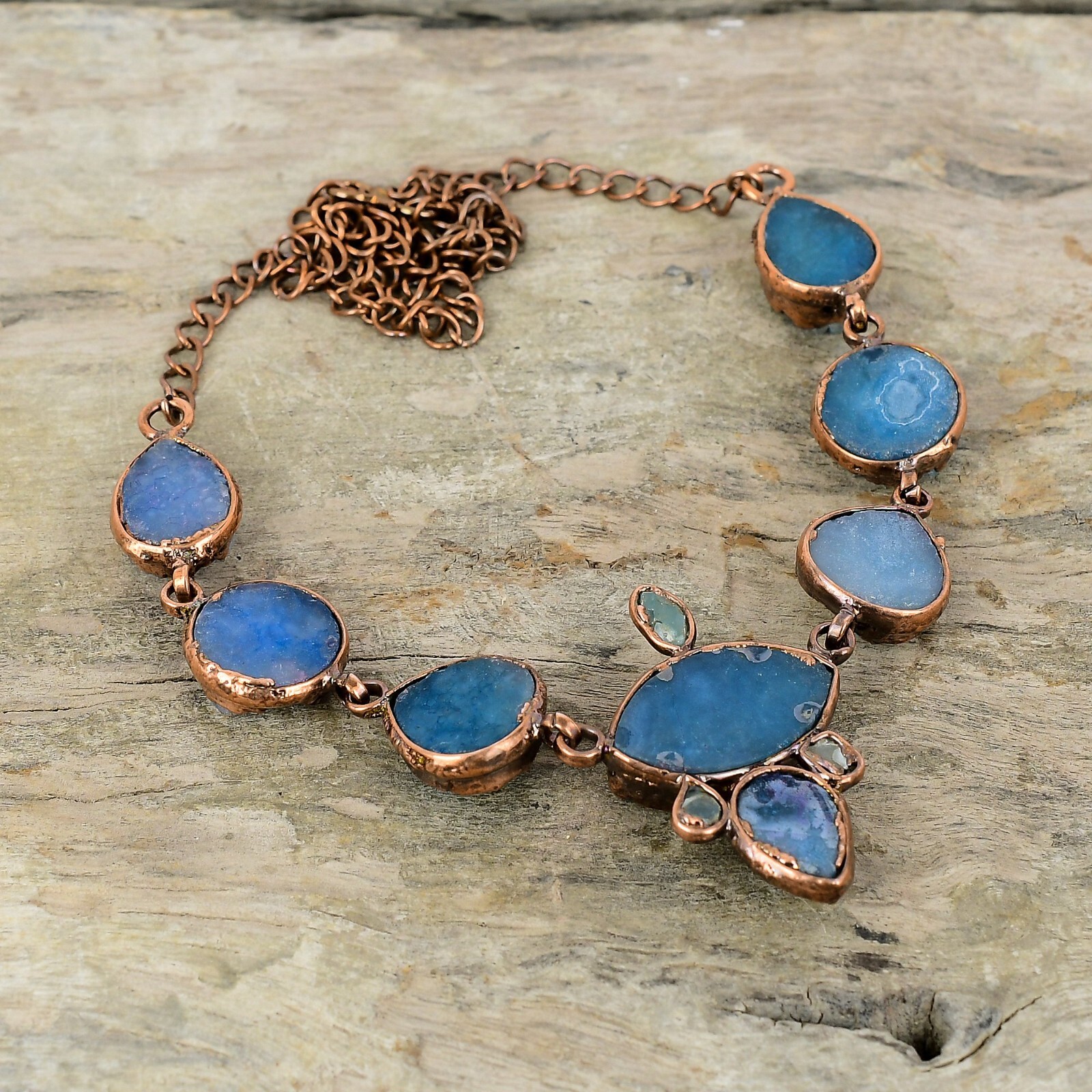 Blue Druzy Copper Gift For Sister Electroformed Chain Adjustable Necklace 18.0″