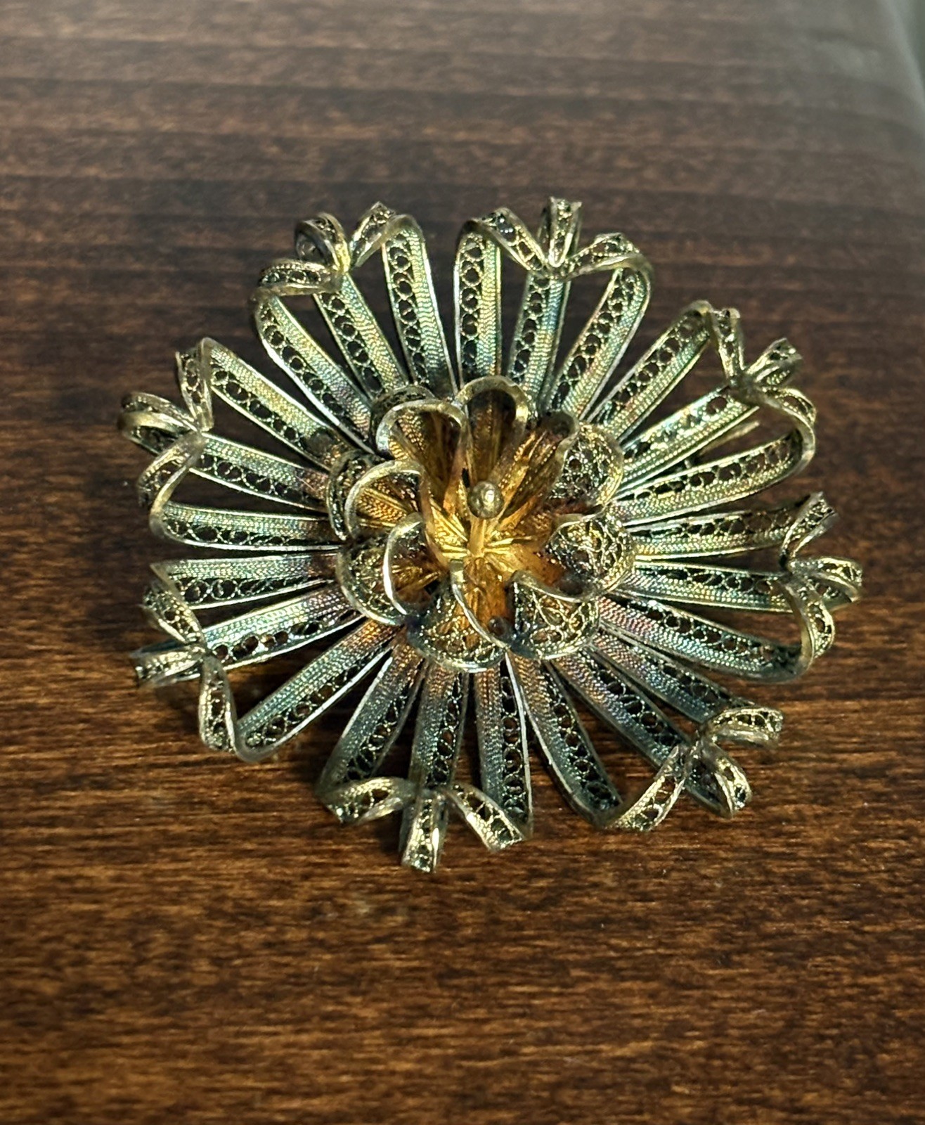 Antique Filigree Flower Brooch w/ Beautifully Toned Silver for Iridescent Color