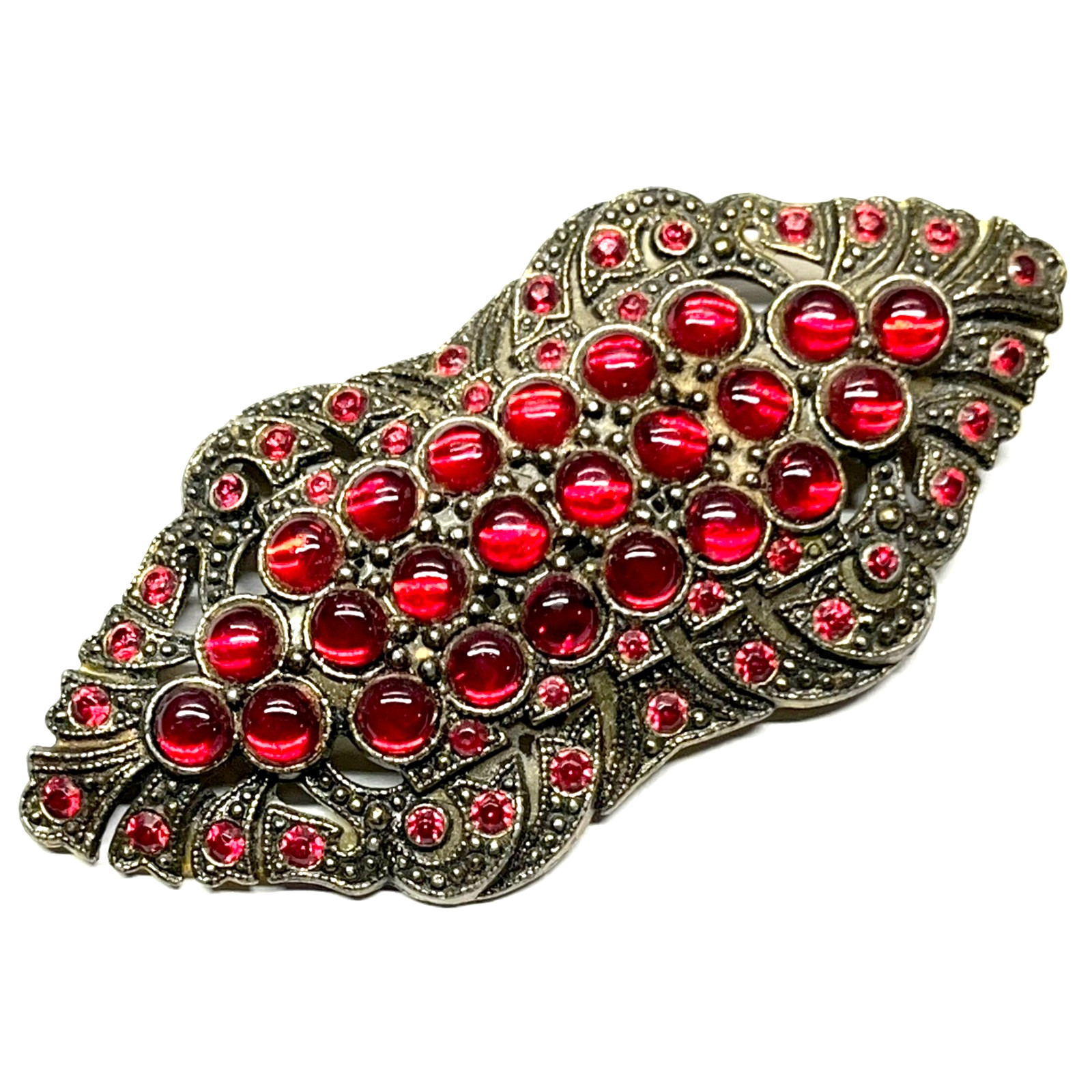 Antique VTG 1930s Art Deco Czech Bohemian Glass Pomegranate Red Cabochon Brooch