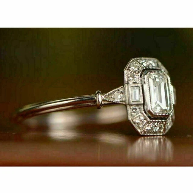 3Ct Emerald Moissanite Halo Art Deco Engagement Ring 925 Silver 14K Vermeil