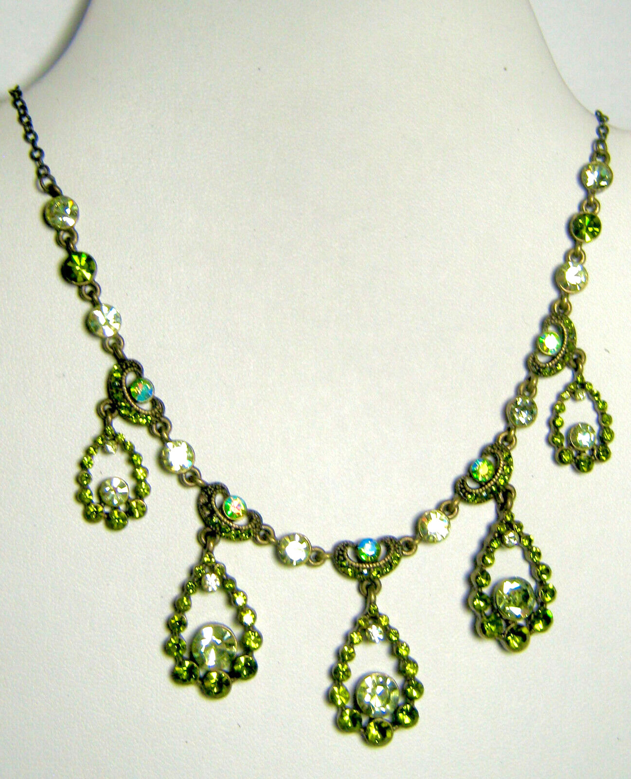 Green Rhinestone Necklace 16″ Plus 3″ Extender AB Stones, Darktone Metal