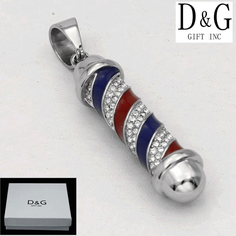 DG Men’s Silver Stainless Steel 60mm barber pole Blue Red CZ Pendant,Unisex,BOX