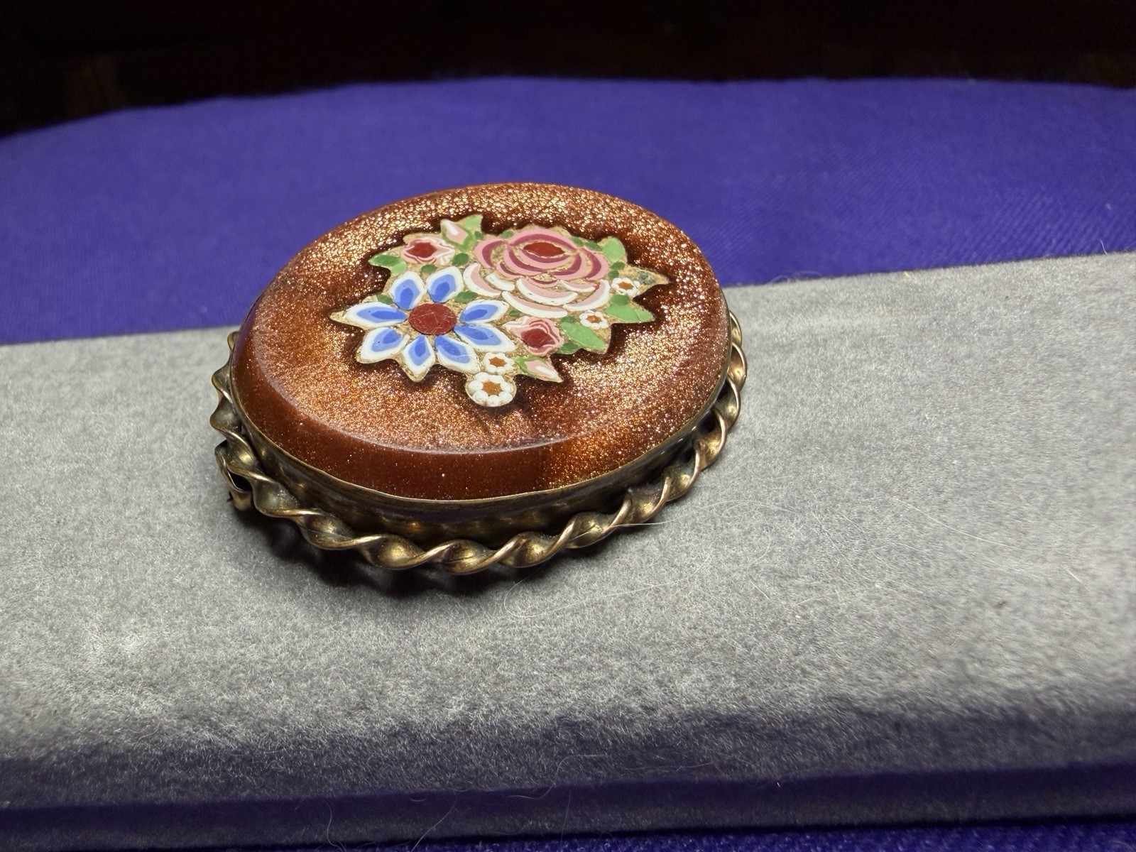 Vintage Italian Pietra Dura Micro Mosaic Floral Brooch Pin Goldstone Setting