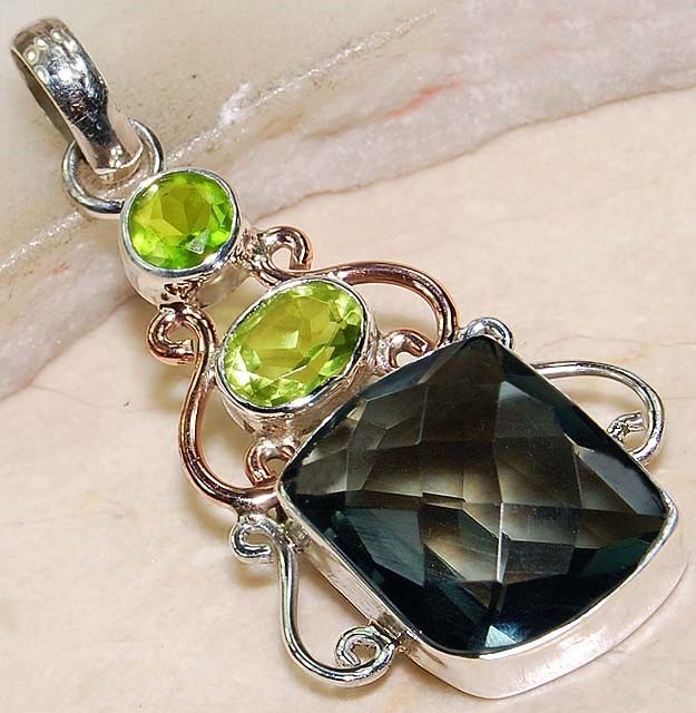 Two Tone12CT Natural Smoky Topaz & Peridot 925 Sterling Silver Pendant @B13-8