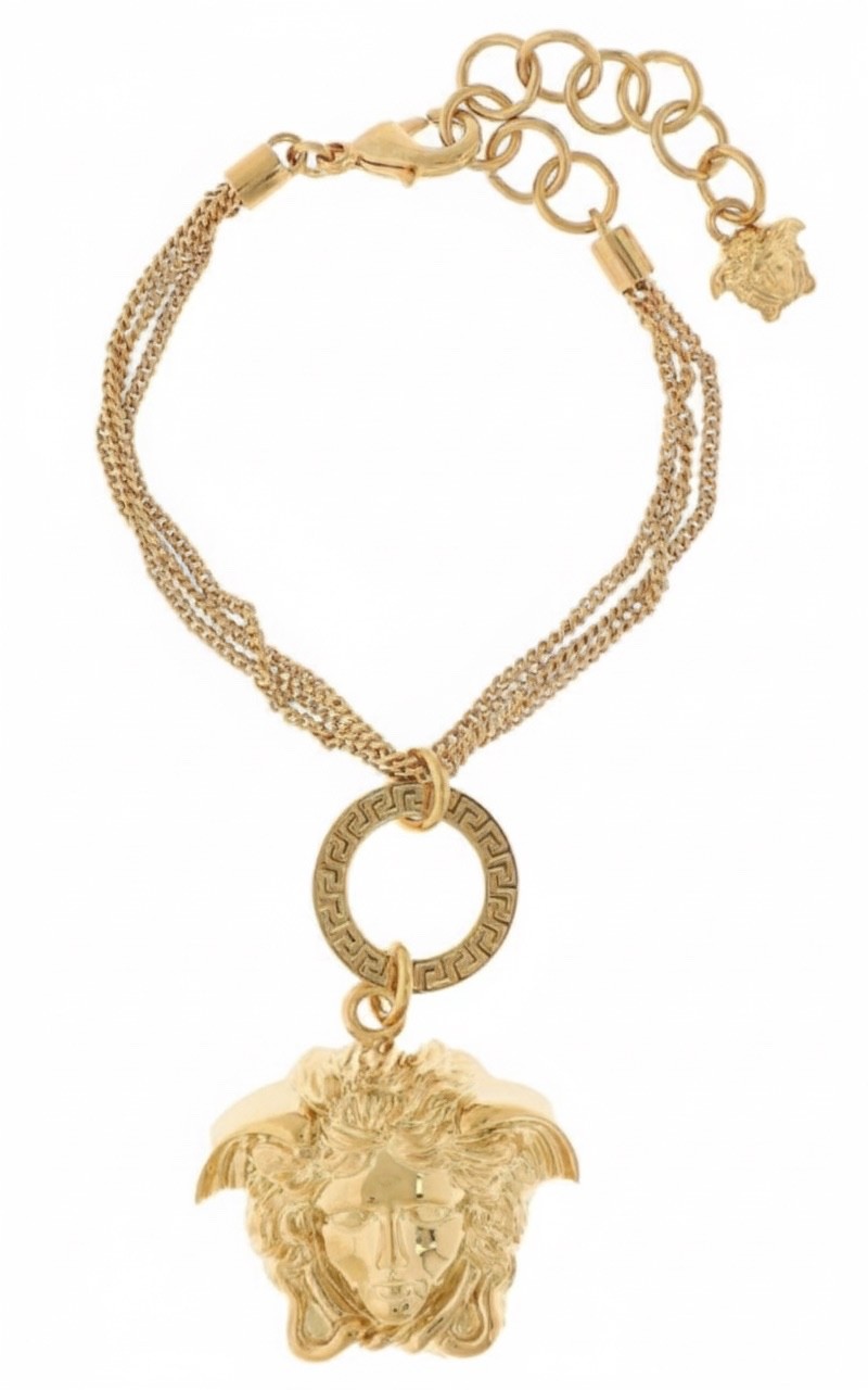 NWT Versace Medusa Head Large 3D Logo Charm Greek Key Gold Chain Bracelet $1295