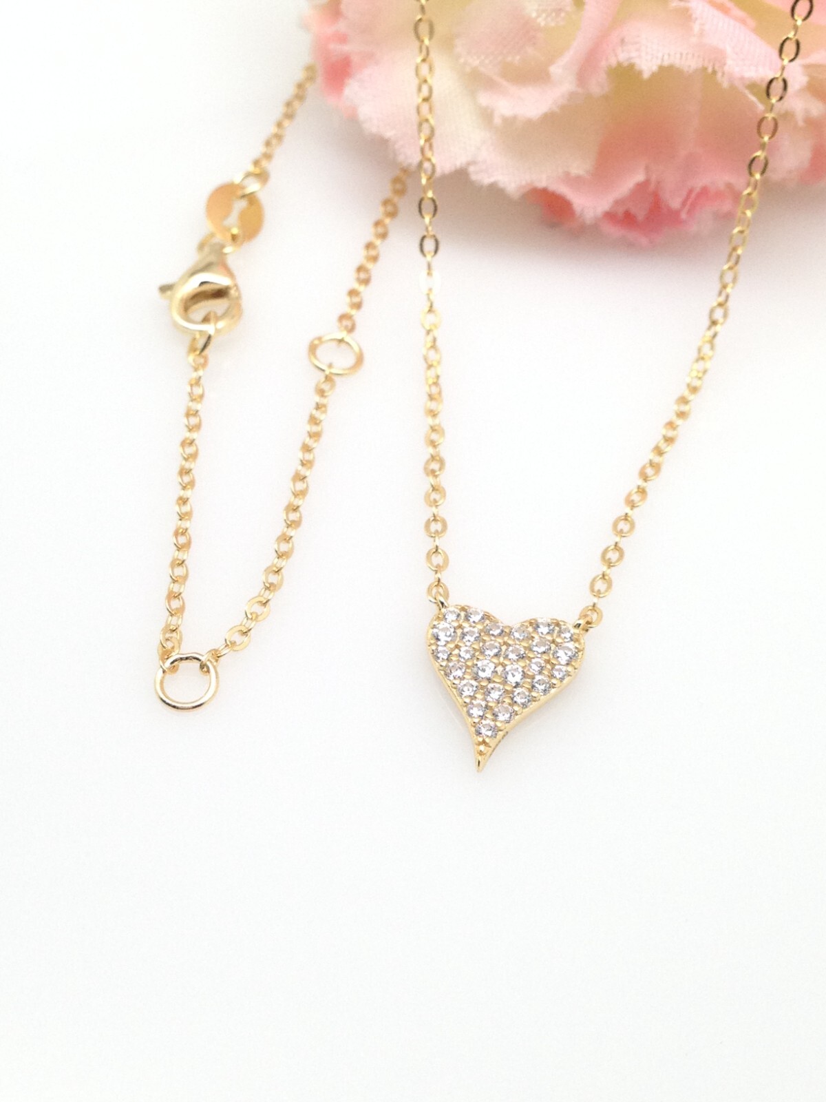 Gold Pave Cz Heart Necklace 925 Sterling Silver Pendant 9mm(0.35″) 17.75″ Tiny